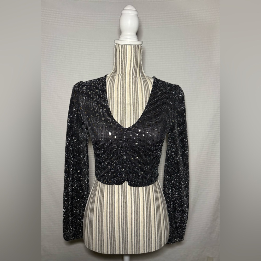 Altar’d State Sequin Star Crop Top Black Long Sleeve Size S NWT